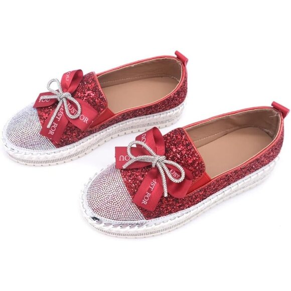 Women's Red Rhinestone Slip On Walking Bowknot Glitter Bling Sneakers Shoes - Picture 6 of 6